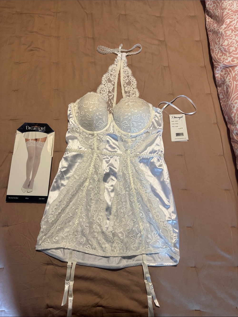 Dreamgirl Ivory Lace Satin Halter Chemise with Built-In Cups